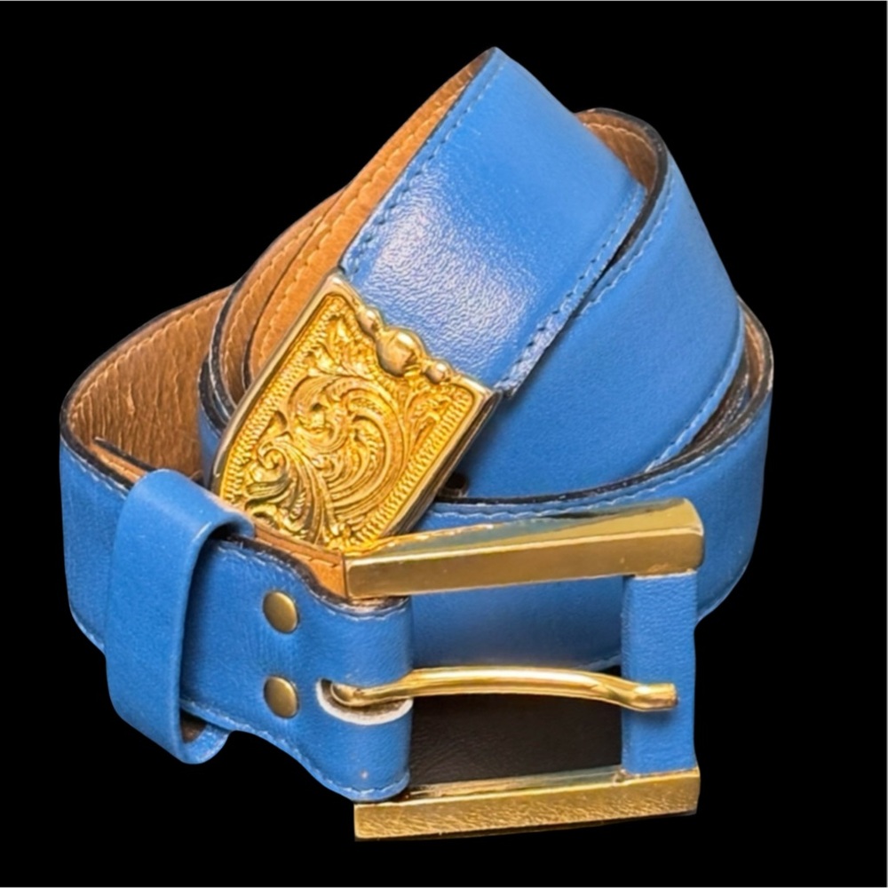 Vintage Louis Feraud French Leather Belt Cobalt Blue With Gold  Buckle Size EU42